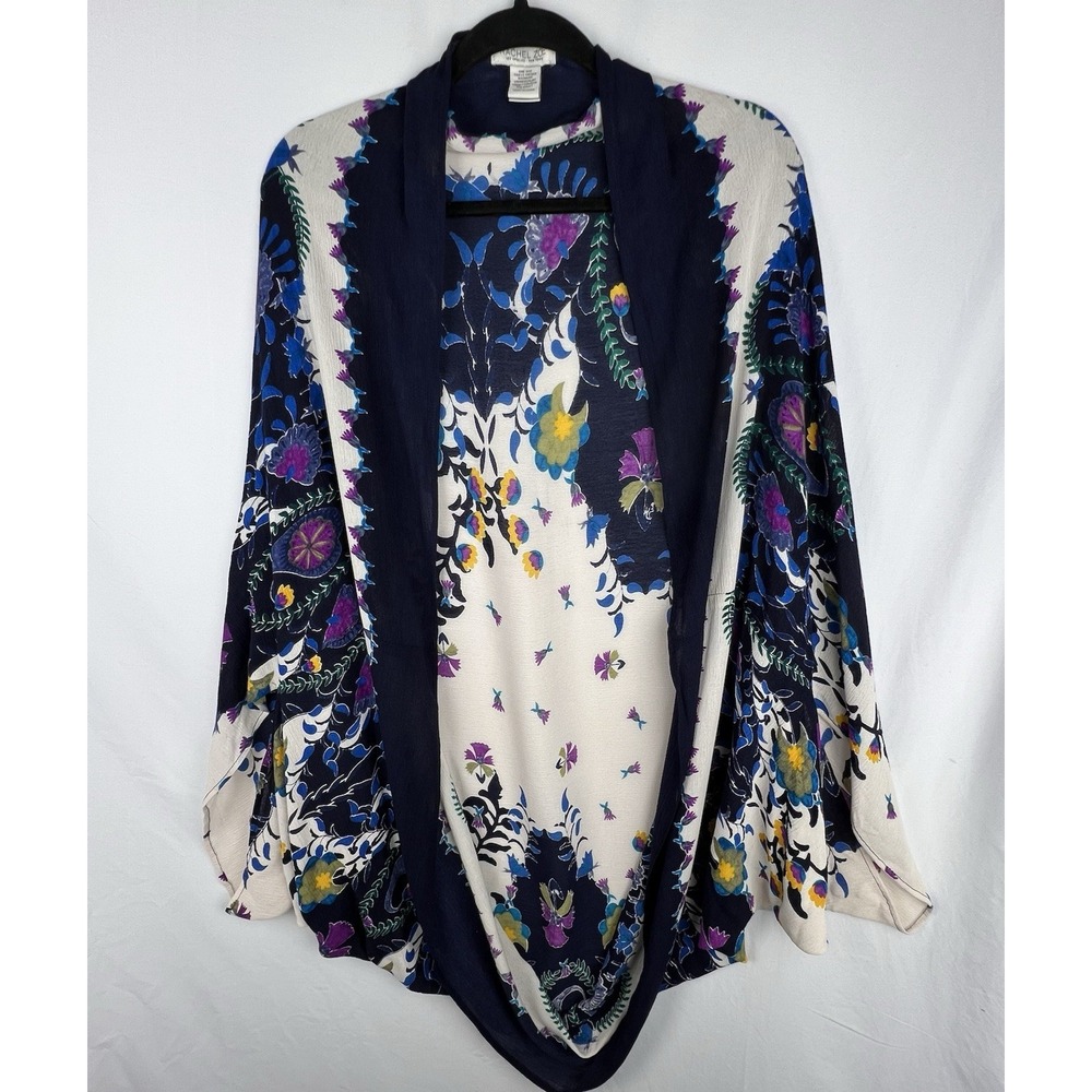 Rachel Zoe Floral Kimono Cardigan Boho Open Front Draped Cocoon Blue One Size